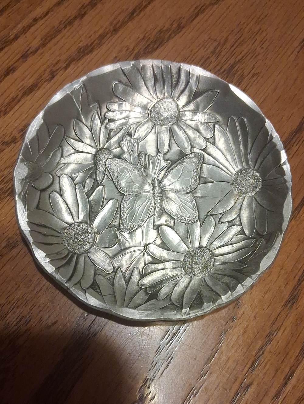 Pot Metal Silver Floral Butterfly Trinket Tray